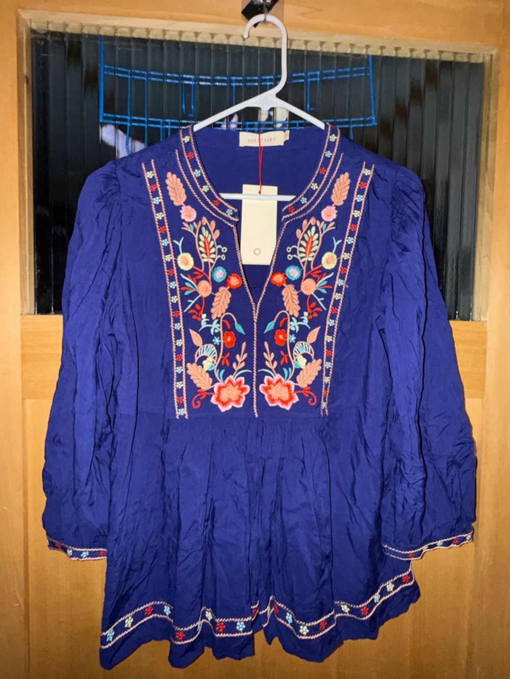 NWT Solitaire Royal Blue Embroidered Bohemian Peasant Top Size Med